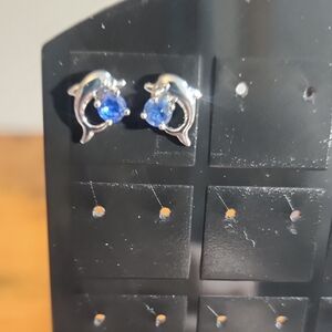 Blue Rhinestone Decor Dolphin Design Stud Earrings.
